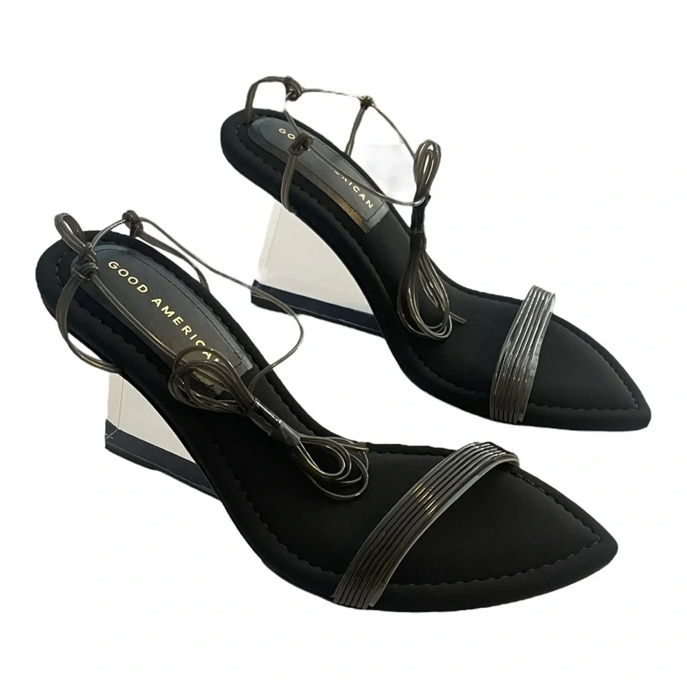 Good American PVC smoky clear wedge ankle strap shoes NWT
